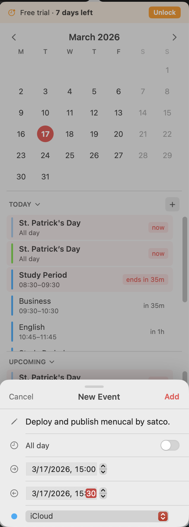 menucal event creation